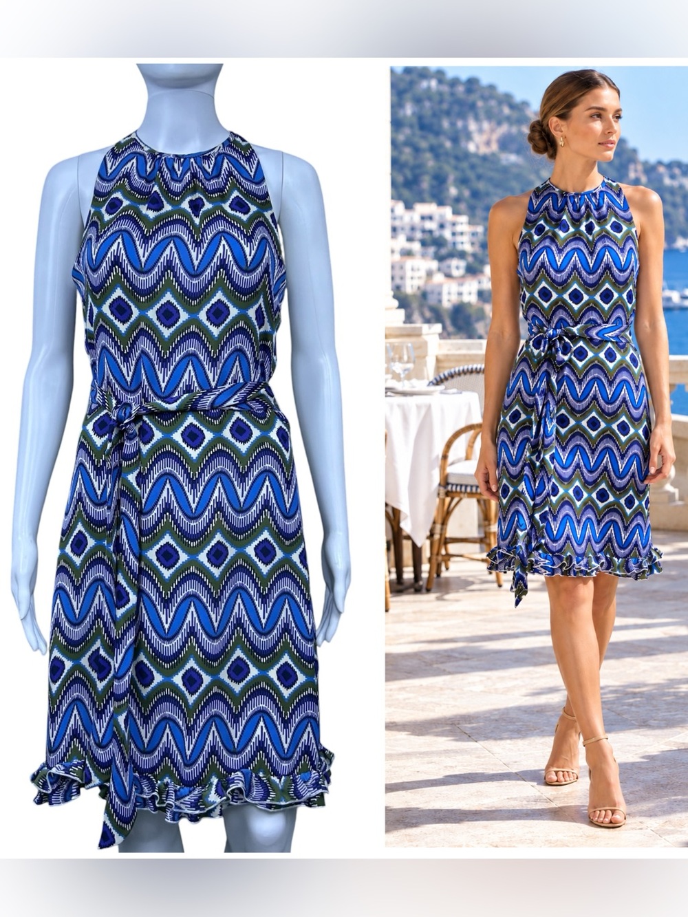 Tory Burch Silk Geometric Ikat Shift Dress Size 2 Ruffle Hem Belted Resort Boho